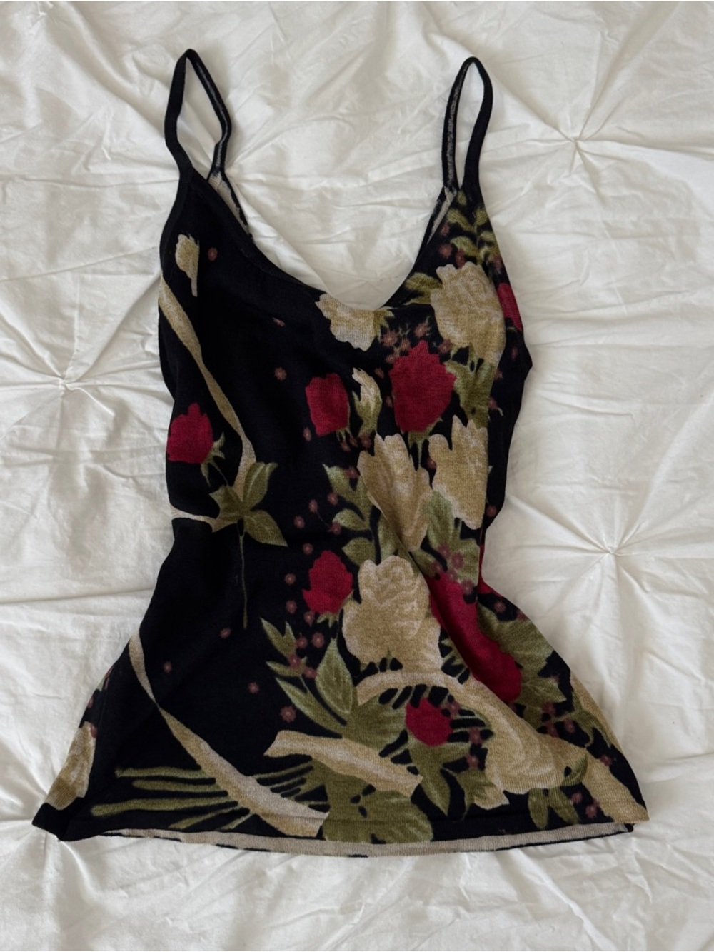 Vintage Y2K Black Floral Slip Cami with Red and Cream Roses